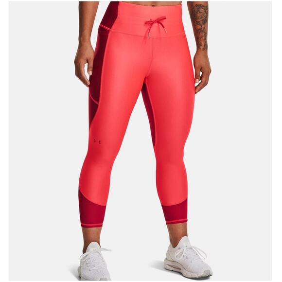 Under Armour Heat Gear Red Coral Orange 6M Ankle Leg Color Block Leggings NEW XS - Picture 1 of 8